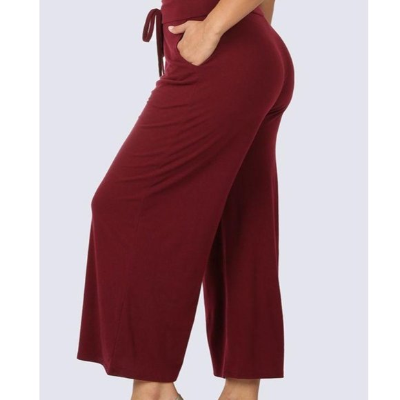 Zenana Outfitters Pants - Plus Size Cropped Wide Leg Burgundy Pants